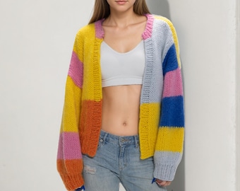 Hand knit woman sweater mohair cardigan color stripe sweater top