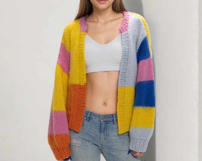 Hand knit woman sweater mohair cardigan color stripe sweater top