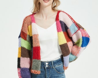 Hand knit woman sweater mohair cardigan color block sweater top