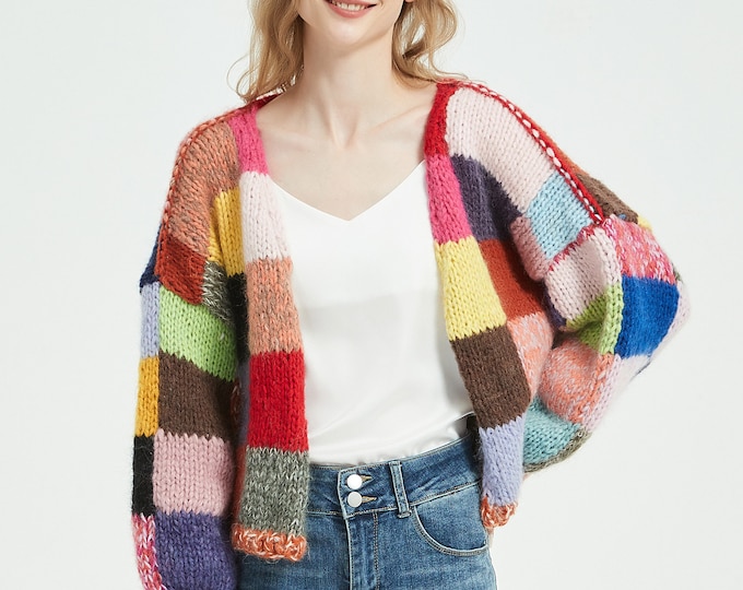 Hand knit woman sweater mohair cardigan color block sweater top