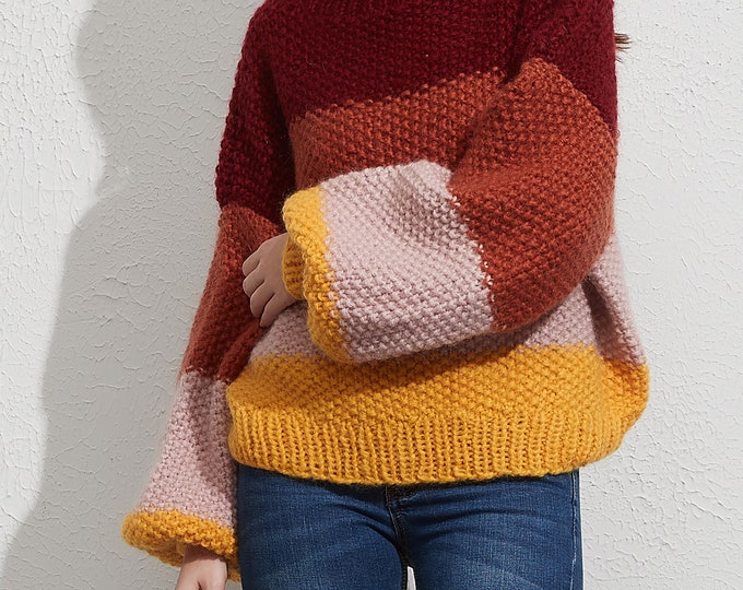 Hand knit woman sweater mohair Jumper knit sweater  color stripe top pullover