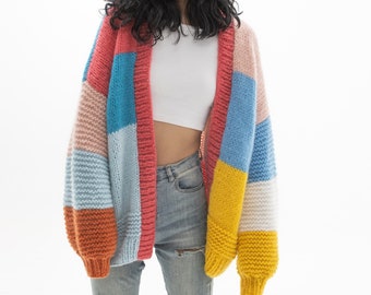 Hand knit woman sweater mohair cardigan color block sweater top