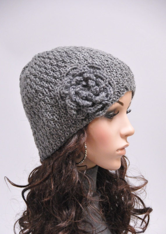 Hand Knit Hat - Charcoal Beanie Hat With Crochet Flower - Etsy