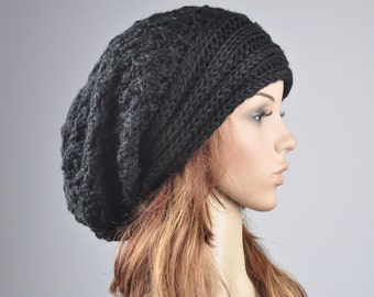 Hand knit hat woman man wool hat  Oversized Black Chunky hat Slouchy hat