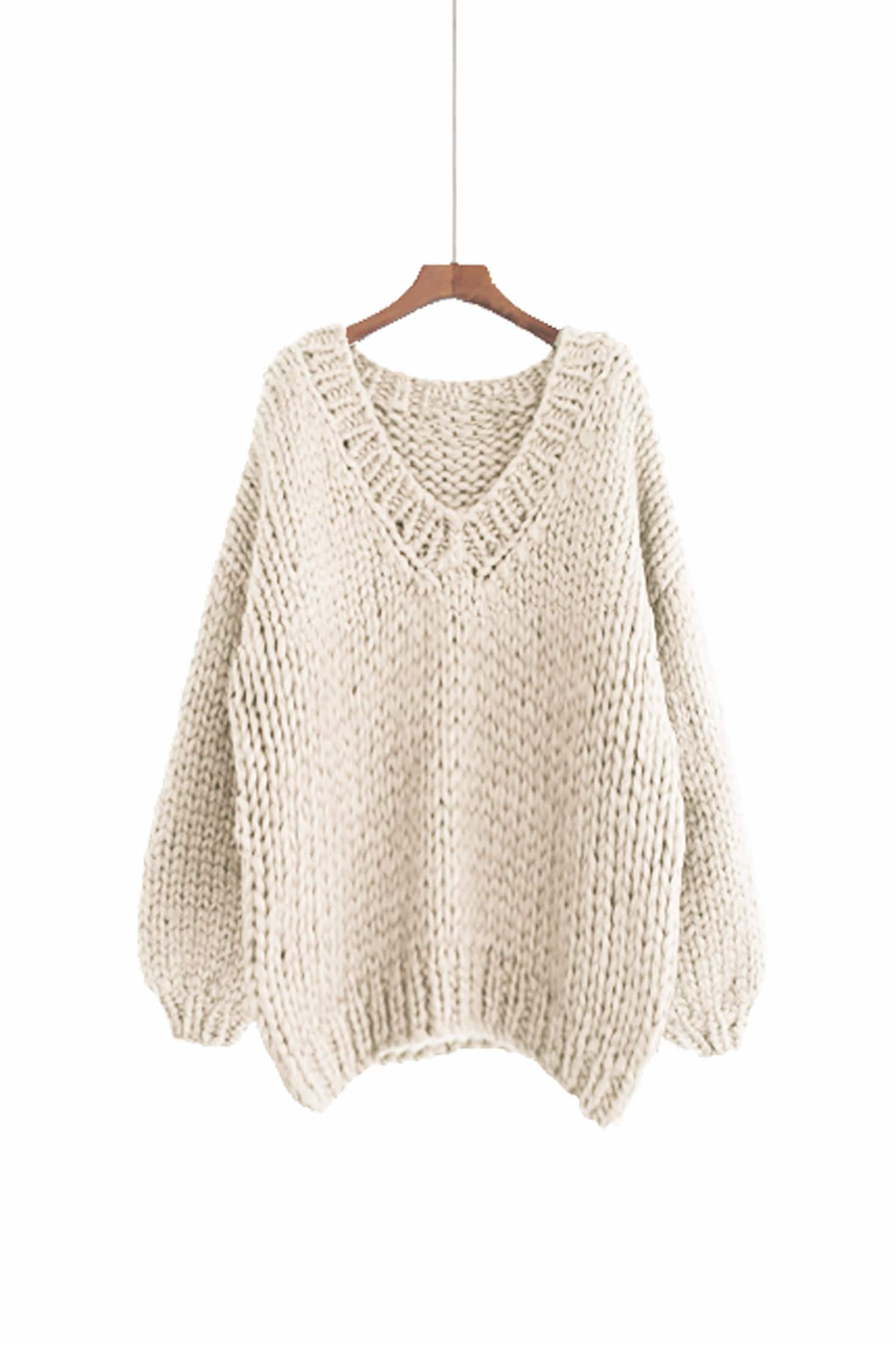 Tricot à la main WOOL pull oversize femme pull col V slouchy blanc