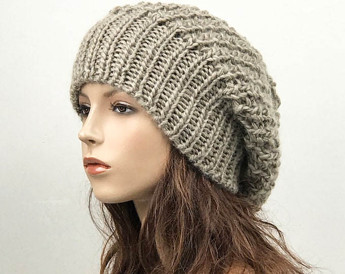 Hand knit woman hat - Oversized Chunky Wool Hat, slouchy hat almond hat, winter hat