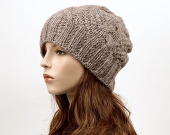 Hand Knit Mocha Wool Hat: Slouchy Ribbed Beanie
