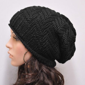 Hand knit hat woman man unisex Chunky Hat Black wool hat