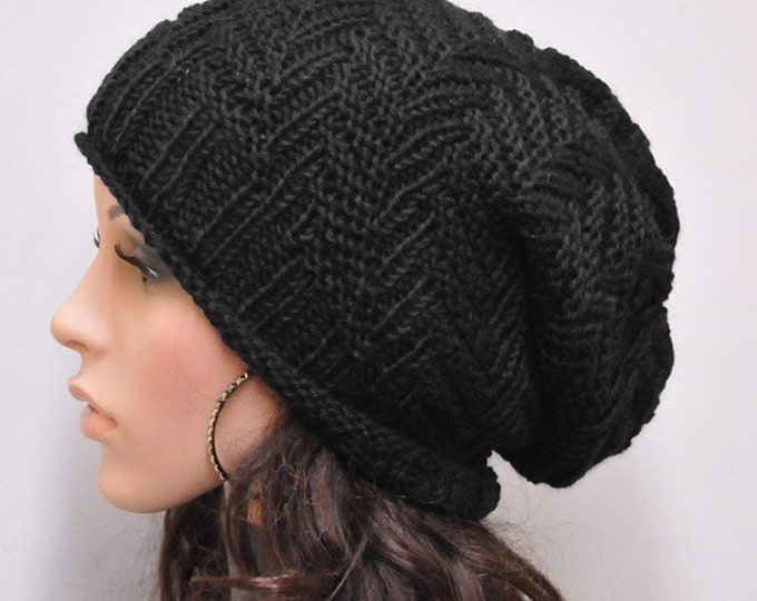Hand knit hat woman man unisex Chunky Hat Black wool hat