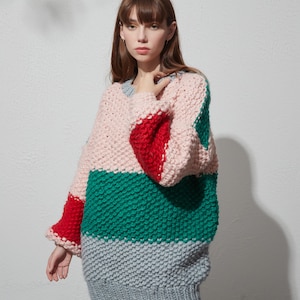 Hand knit sweater wool oversize woman pullover sweater Crewneck slouchy multi-color stripe