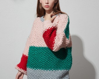 Hand knit sweater wool oversize woman pullover sweater Crewneck slouchy multi-color stripe