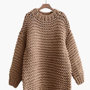 Hand knit oversize woman sweater Crew neck slouchy wool oats cream sweater Mocha