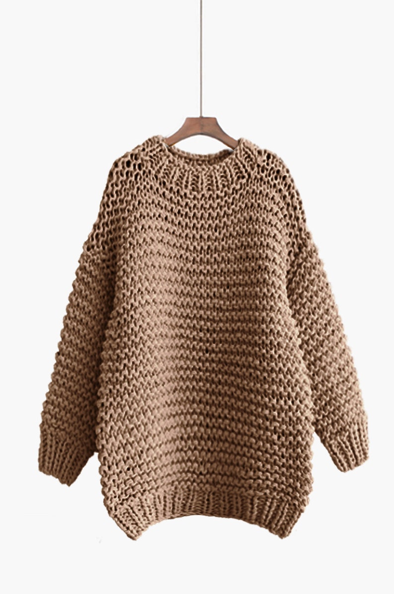 Hand knit oversize woman sweater Crew neck slouchy wool oats cream sweater Mocha