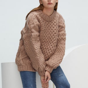 Hand Knit Oversized Wool Sweater: Chunky Taupe Pullover Top