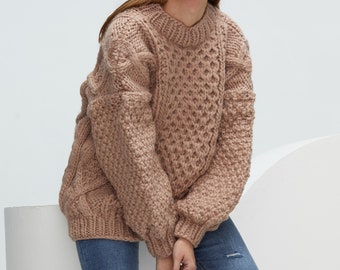 Hand knit woman long sweater OVERSIZED pure chunky wool yarn long sweater top pullover Taupe