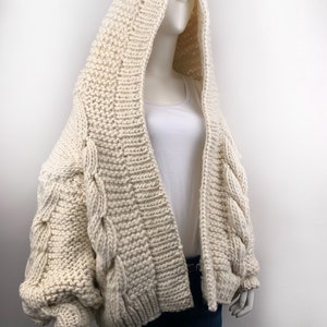 Hand knit oversize woman Hoodie sweater chunky slouchy Cream wool cable knit cardigan