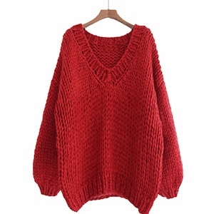 Hand knit WOOL sweater oversize woman sweater V-neck slouchy RED sweater