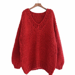 Hand knit WOOL sweater oversize woman sweater V-neck slouchy RED sweater