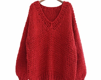 Hand knit WOOL sweater oversize woman sweater V-neck slouchy RED sweater