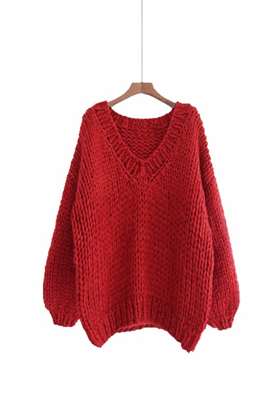 Hand Knit WOOL Sweater Oversize Woman Sweater V neck Slouchy RED