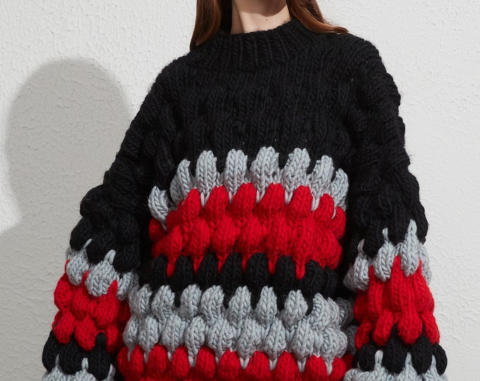 Hand knit sweater wool oversize woman pullover sweater Crewneck slouchy heart pattern