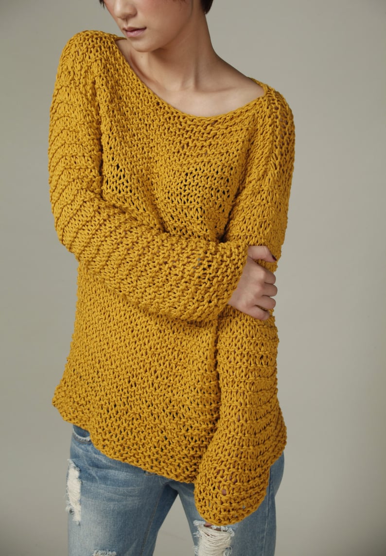 Simple is the best Hand knit Woman Sweater Eco Cotton Oversized Mustard Yellow image 3