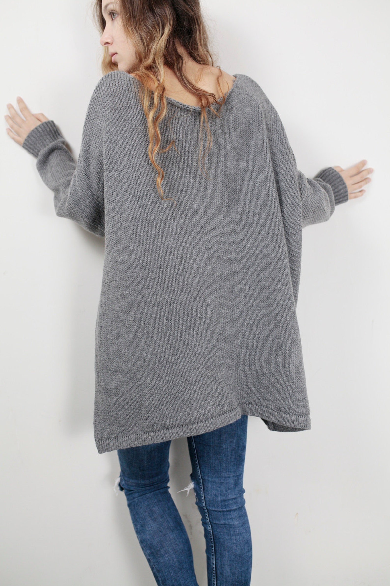 Collared Oversized Pullover Sweater - Gray