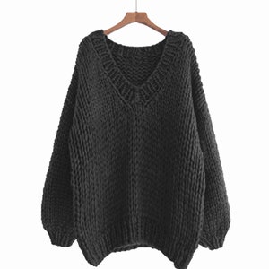 Hand Knit COTTON Sweater Oversize Pullover Woman Sweater V-neck Slouchy ...