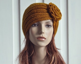 Hand Knit Hat - Wool  Beret Hat with crochet flower in Mustard yellow