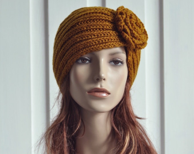 Hand Knit Hat - Wool  Beret Hat with crochet flower in Mustard yellow