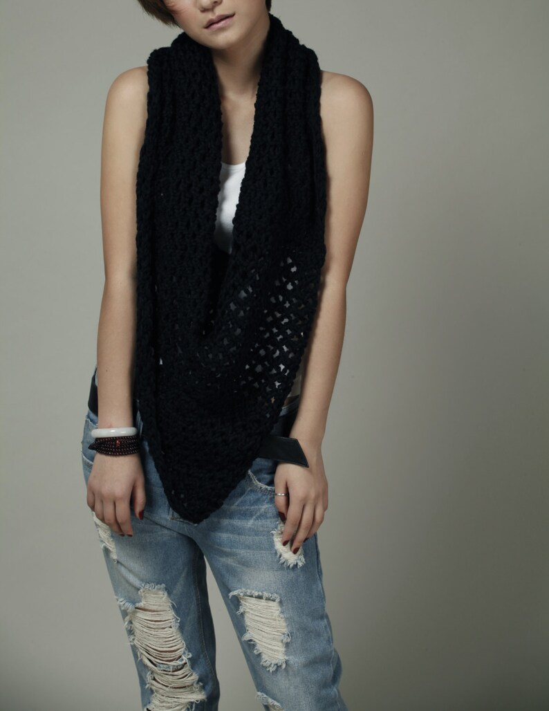 Hand Knit Little cotton poncho Scarf in Black-ready to ship