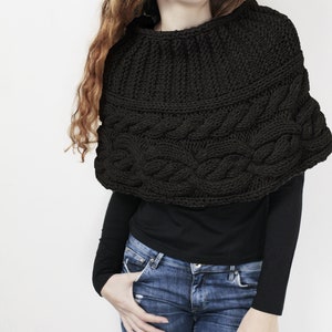 Hand knit woman poncho Black wool capelet Chunky Neck Warmer/Cowl/Tube Scraf cable pattern