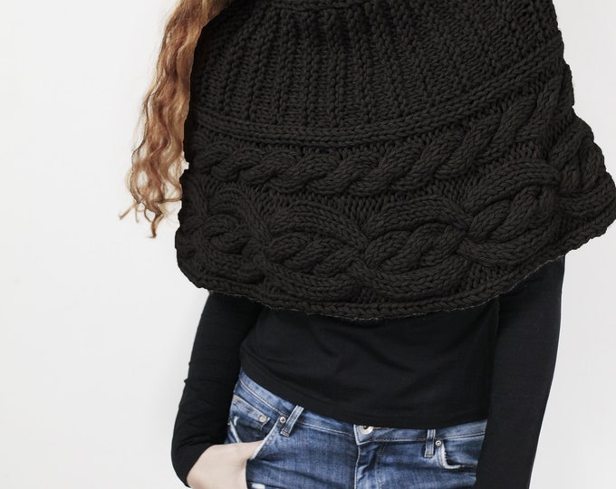 Hand knit woman poncho Black wool capelet Chunky Neck Warmer/Cowl/Tube Scraf cable pattern