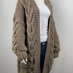 Hand knit oversize woman sweater chunky slouchy eco cotton long cable knit cardigan