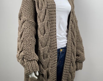 Hand knit oversize woman sweater chunky slouchy eco cotton long cable knit cardigan