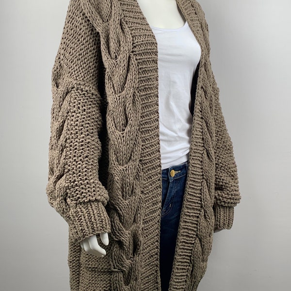 Suéter de mujer de gran tamaño tejido a mano cárdigan de punto de cable largo de algodón ecológico grueso y holgado