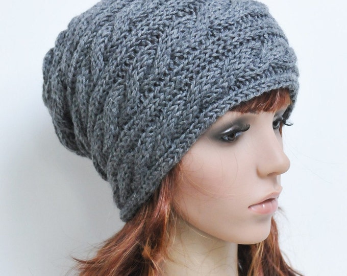 Hand knit wool unisex hat Charcoal Dark greyy cable Hat - ready to ship