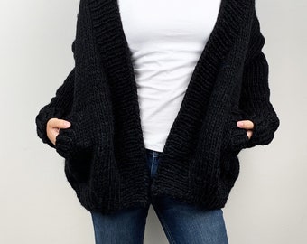 Hand knit oversize woman sweater chunky slouchy Black wool cardigan