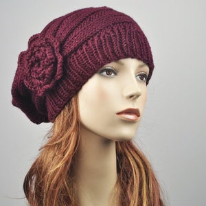 Hand Knit woman winter wool Hat Oversized Beret Hat with crochet flower Charcoal/ dark grey Burgundy