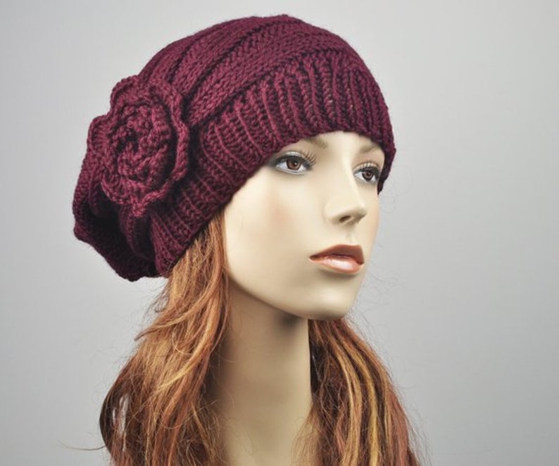 Hand Knit woman winter wool Hat Oversized Beret Hat with crochet flower Charcoal/ dark grey Burgundy