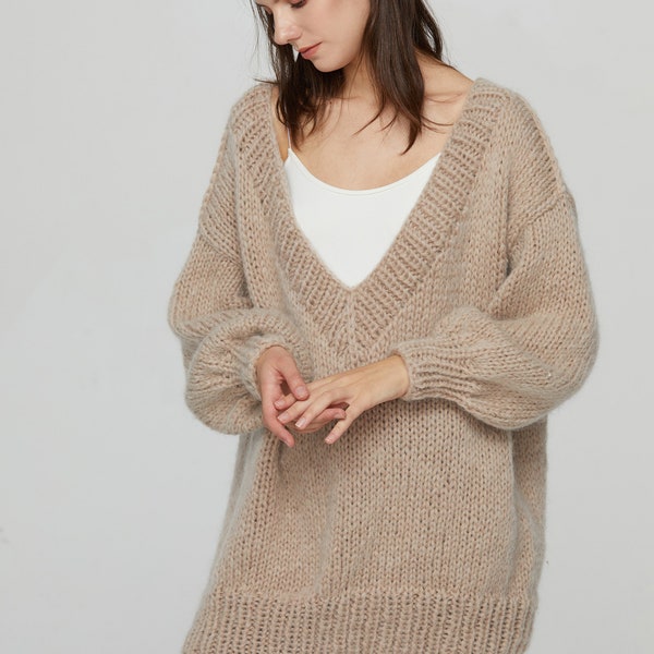 Hand knit woman sweater OVERSIZED mohair sweater top Deep V-neck pullover Wheat sweater