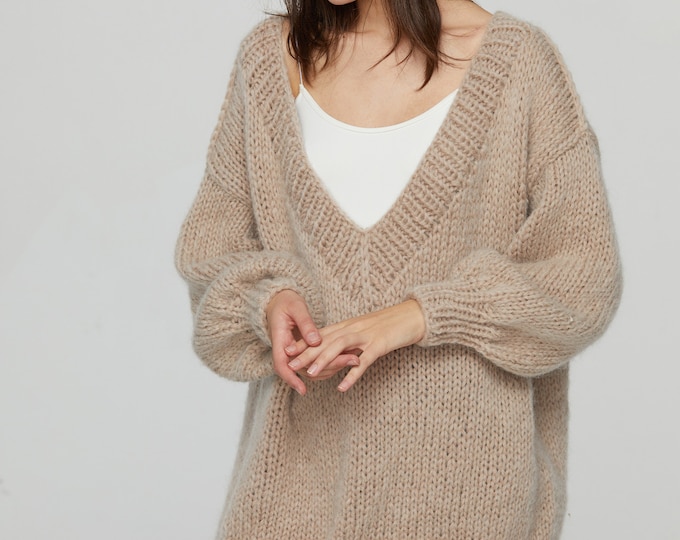 Hand knit woman sweater OVERSIZED mohair sweater top Deep V-neck pullover Wheat sweater