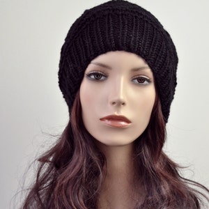 Hand knit woman hat wool Hat Black hat Beanie image 2