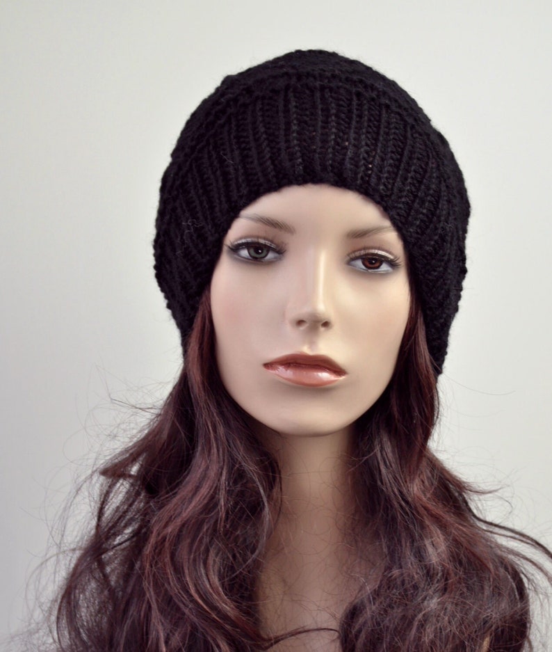 Hand knit woman hat wool Hat Black hat Beanie image 2