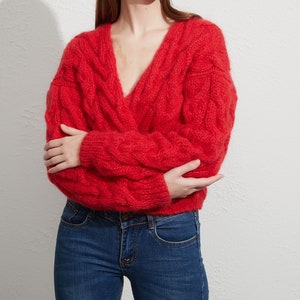 Hand knit oversize woman sweater Cross front knit pullover mohair red sweater image 2