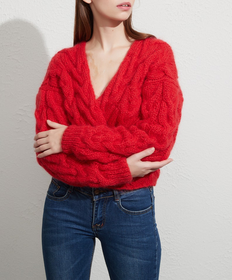 Hand knit oversize woman sweater Cross front knit pullover mohair red sweater image 2