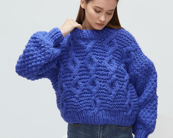 Hand knit woman jumper pullover sweater wool crewneck sweater Iris Blue
