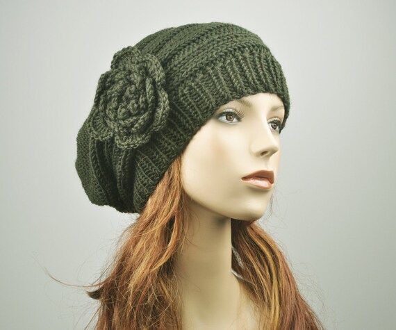Beautiful New Handmade Women\'s Knit warm Winter Hat/Beret. Olive Green. rennes — Signa 1925 | Felted Knit Beret in Olive main image 3