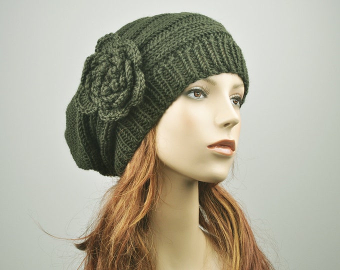 Hand Knit Hat Oversized  Beret Hat with crochet flower in Olive green