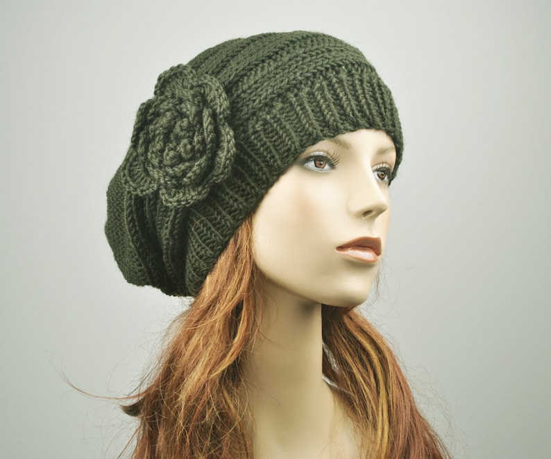 Hand Knit Hat Oversized Beret Hat with crochet flower in Etsy